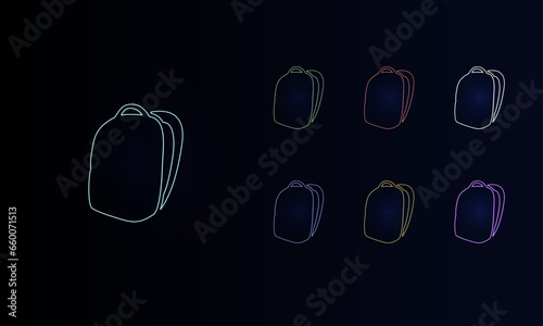 A set of neon school bag symbols. Set of different color symbols, faint neon glow. Vector illustration on black background