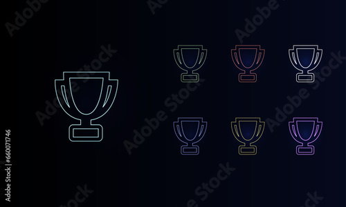 A set of neon trophy symbols. Set of different color symbols, faint neon glow. Vector illustration on black background