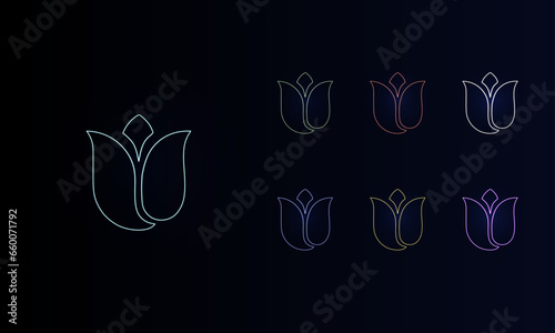 A set of neon tulips. Set of different color symbols, faint neon glow. Vector illustration on black background