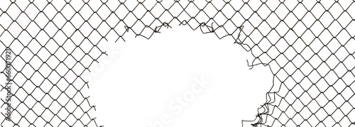 The texture of the metal mesh. Torn, destroyed, broken metal mesh on a white background