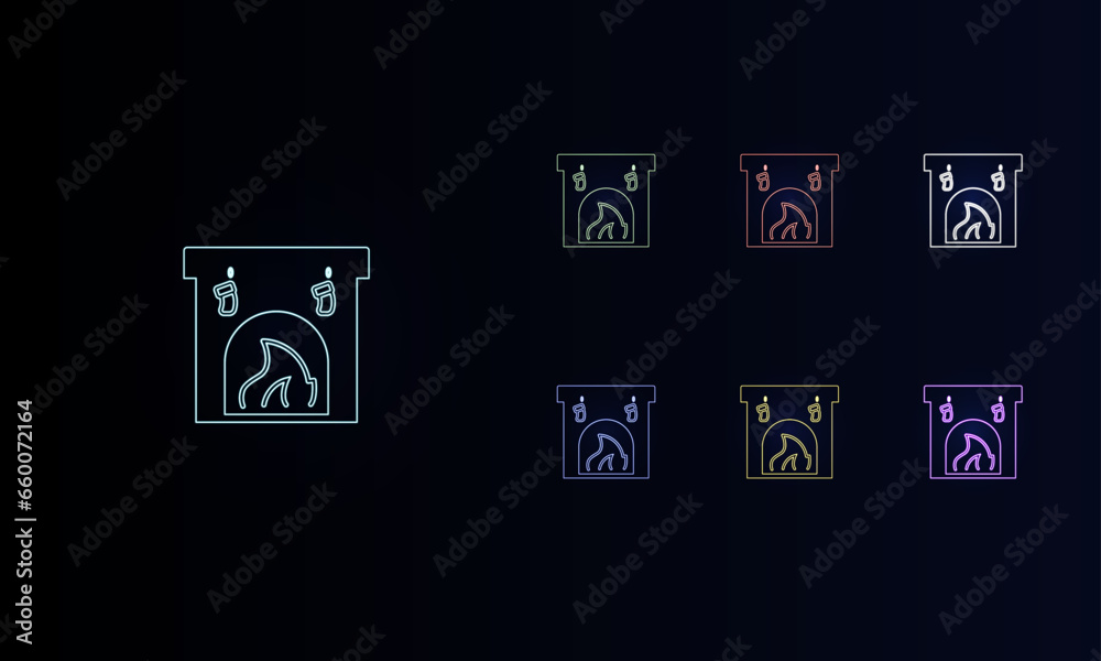 A set of neon christmas fireplace symbols. Set of different color symbols, faint neon glow. Vector illustration on black background