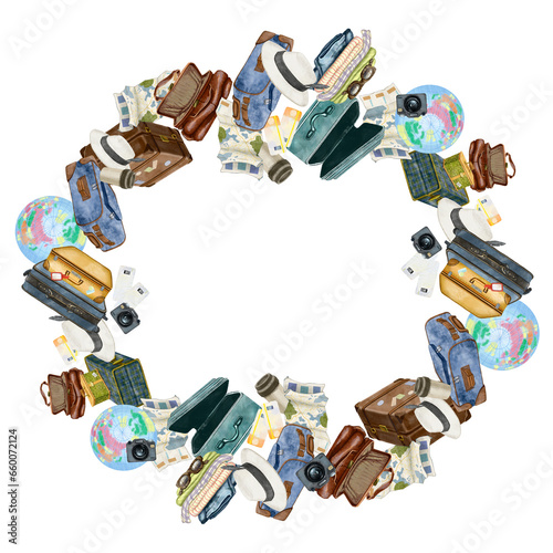 Suitcases, bags, backpacks, globe, and other travel items. Circle-shaped frame with tourist attributes. For the design of advertising and goods, products and services of the tourism business. Png.