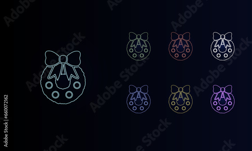 A set of neon christmas wreath symbols. Set of different color symbols, faint neon glow. Vector illustration on black background