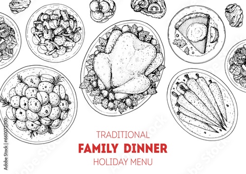 Thanksgiving food. Family dinner. Holiday menu. Food design template. Engraved style background. Food and drink set. Hand drawn sketch, design template.