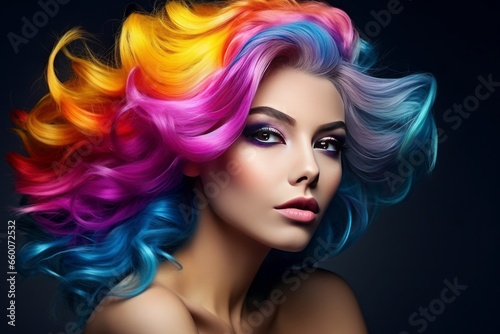Portrait of a beautiful young woman with bright makeup and rainbow hair. Generative AI.