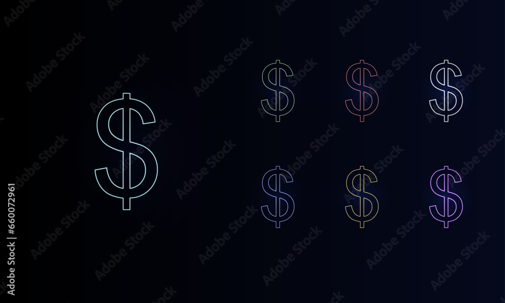 A set of neon dollar symbols. Set of different color symbols, faint neon glow. Vector illustration on black background A set of neon dollar symbols. Set of different color symbols, faint neon glow. Vector illustration on black background
