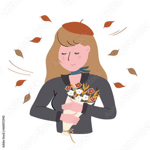 Vector illustration of woman with happy mood in autumn.