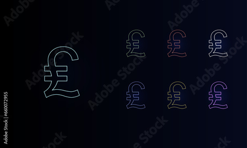 A set of neon lira symbols. Set of different color symbols, faint neon glow. Vector illustration on black background
