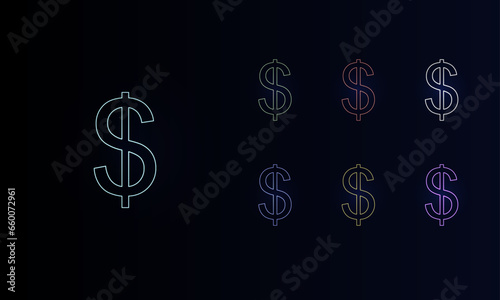 A set of neon dollar symbols. Set of different color symbols, faint neon glow. Vector illustration on black background