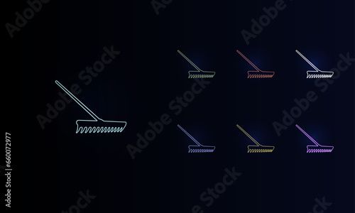A set of neon rake symbols. Set of different color symbols, faint neon glow. Vector illustration on black background
