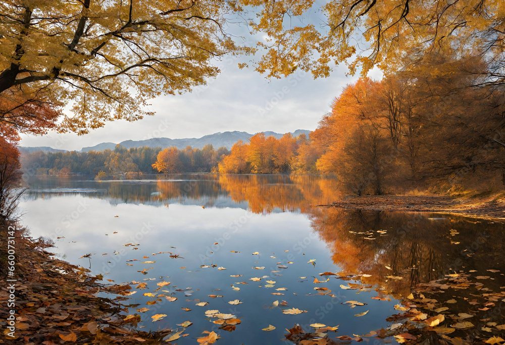 Obraz premium Calm Autumn Lake: Tranquil Waters with Fallen Leaves and Mountain Reflection
