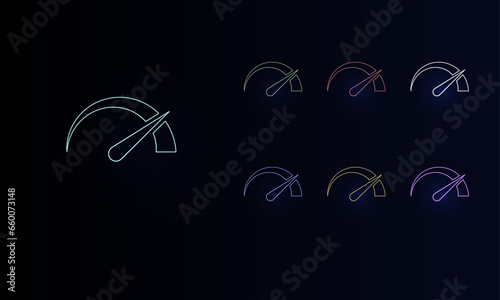 A set of neon tachometer symbols. Set of different color symbols, faint neon glow. Vector illustration on black background