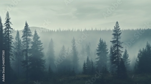 Hipster vintage retro style misty scene with fir forest