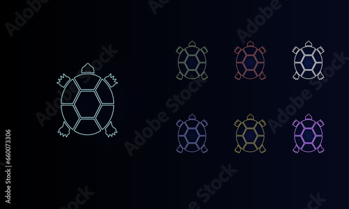 A set of neon turtle symbols. Set of different color symbols, faint neon glow. Vector illustration on black background