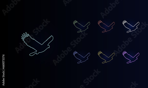 A set of neon eagle symbols. Set of different color symbols, faint neon glow. Vector illustration on black background