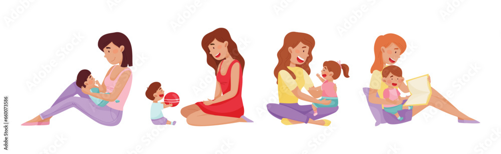 Young Woman Mom with Her Little Baby and Toddler Vector Set Young Woman Mom with Her Little Baby and Toddler Vector Set