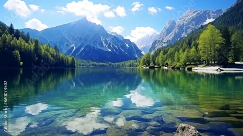 Jasna lake features stunning mountain reflections. Slovenia's Triglav National Park