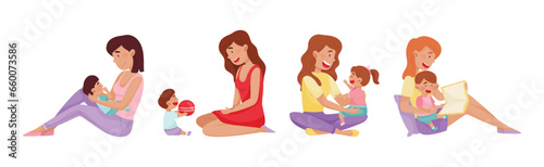 Young Woman Mom with Her Little Baby and Toddler Vector Set