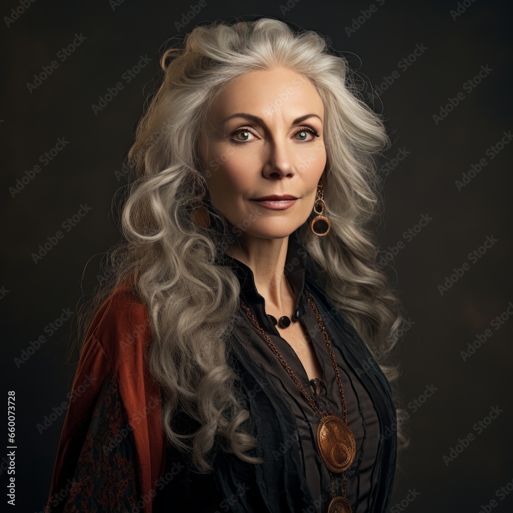 Beautiful older woman having long grey hair. Beautiful older woman having long grey hair.