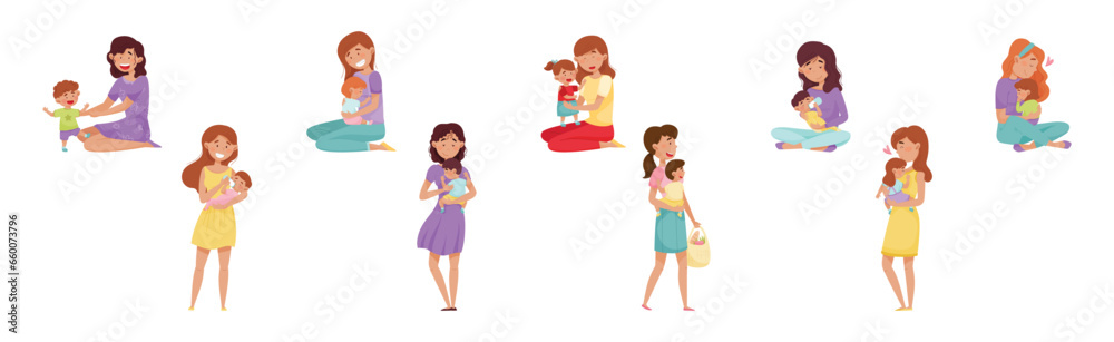 Young Woman Mom with Her Little Baby and Toddler Vector Set Young Woman Mom with Her Little Baby and Toddler Vector Set