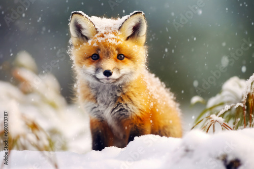 Portrait of cute red fox cub in the snow in winter time © spyrakot