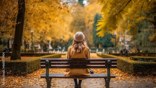 Back view of a young woman sitting on a bench in the park at autumn generative ai