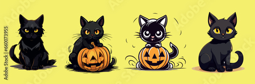 black cat pumkin halloween cartoon illustration set bundle vector eps 10 