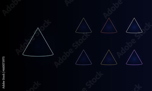 A set of neon cone symbols. Set of different color symbols, faint neon glow. Vector illustration on black background