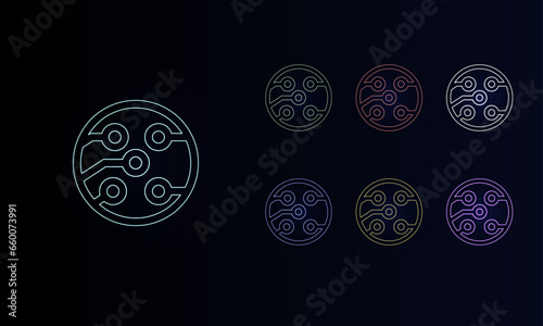 A set of neon electrical board symbols. Set of different color symbols, faint neon glow. Vector illustration on black background