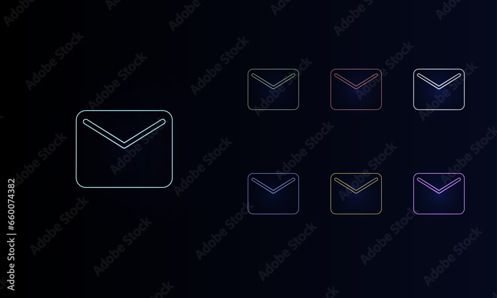A set of neon email symbols. Set of different color symbols, faint neon glow. Vector illustration on black background A set of neon email symbols. Set of different color symbols, faint neon glow. Vector illustration on black background