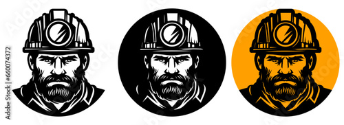 Rugged blue color worker in a hard hat and work attire logo symbol template vector illustration, Rugged engineer, worker wearing a headlight and hardhat in different colors stock vector image