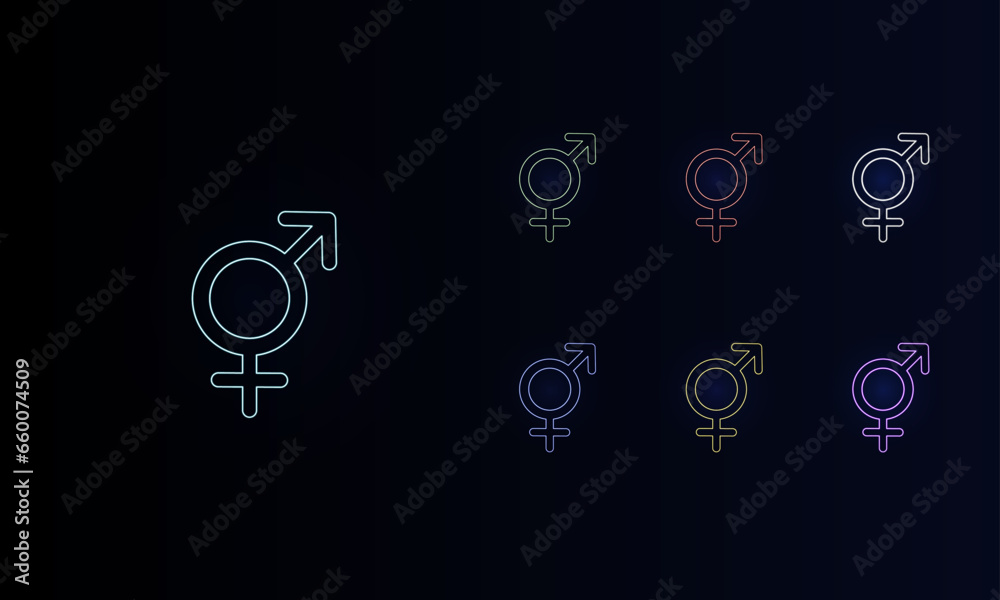 A set of neon bigender symbols. Set of different color symbols, faint neon glow. Vector illustration on black background A set of neon bigender symbols. Set of different color symbols, faint neon glow. Vector illustration on black background