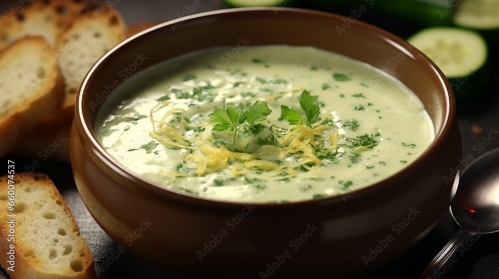 Zucchini cream soup. The dish is served with diced crutons. Top view.