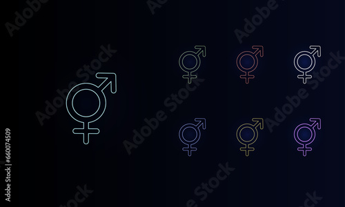 A set of neon bigender symbols. Set of different color symbols, faint neon glow. Vector illustration on black background