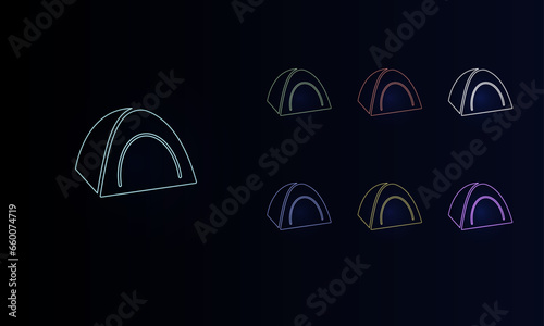 A set of neon tourist tents. Set of different color symbols, faint neon glow. Vector illustration on black background