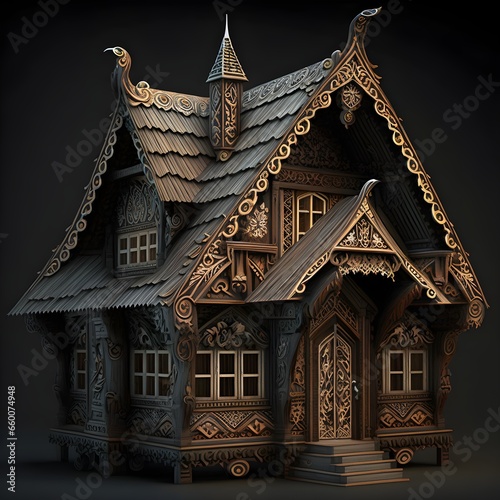 beautiful Norwegian wooden house minihouse very detailed dragon style ornaments  photo