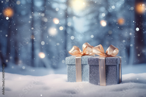 Gift boxes in snow with bokeh lights on background. © Tida