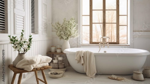 White bathroom with large window, bathtub, washbasin, mirror and ceramic tiles on the walls