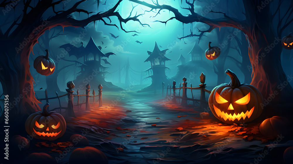 Horror scenery with zombies and pumpkins