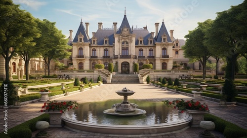 A regal chateau with manicured gardens, statues and fountains adding to its grandeur. photo