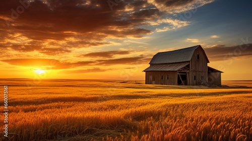 A rustic barn set amidst golden wheat fields, with the setting sun casting long shadows.