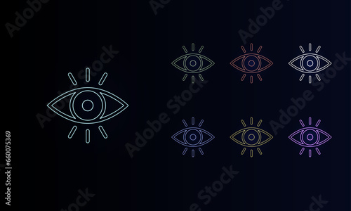 A set of neon vision symbols. Set of different color symbols, faint neon glow. Vector illustration on black background