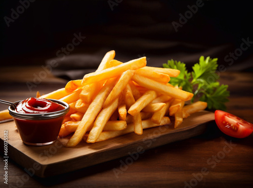 French fries with ketchup on wooden table