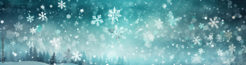 Snowy Delight: Captivating Christmas Banner with Glittering Snowflakes. Generative AI - obrazy, fototapety, plakaty 
