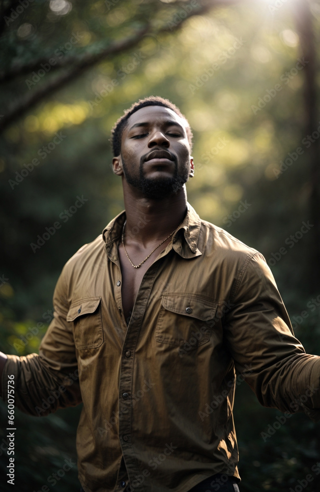 African man in the forest breathing fresh air with his arms outstretched. African man in the forest breathing fresh air with his arms outstretched.