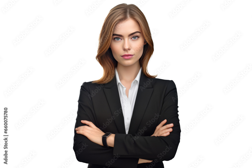 cute business woman in black suit and cross arms on transparent background cute business woman in black suit and cross arms on transparent background