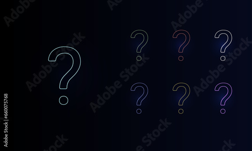 A set of neon question symbols. Set of different color symbols, faint neon glow. Vector illustration on black background