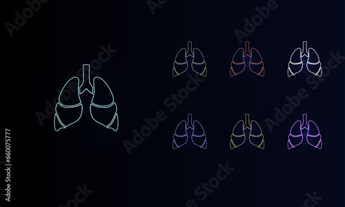 A set of neon lungs symbols. Set of different color symbols, faint neon glow. Vector illustration on black background