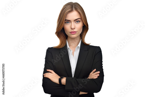 cute business woman in black suit and cross arms on transparent background
