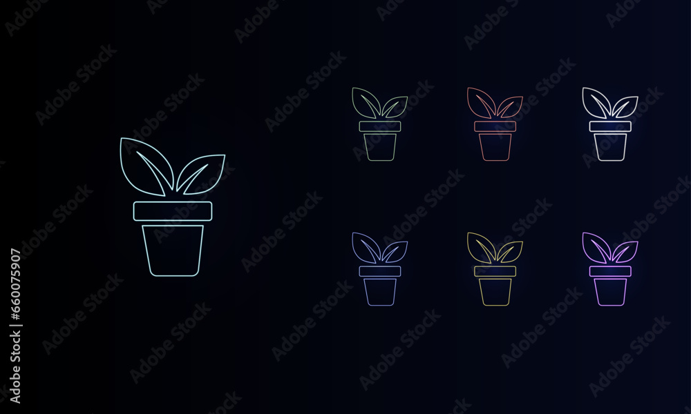 A set of neon plant in pot symbols. Set of different color symbols, faint neon glow. Vector illustration on black background A set of neon plant in pot symbols. Set of different color symbols, faint neon glow. Vector illustration on black background